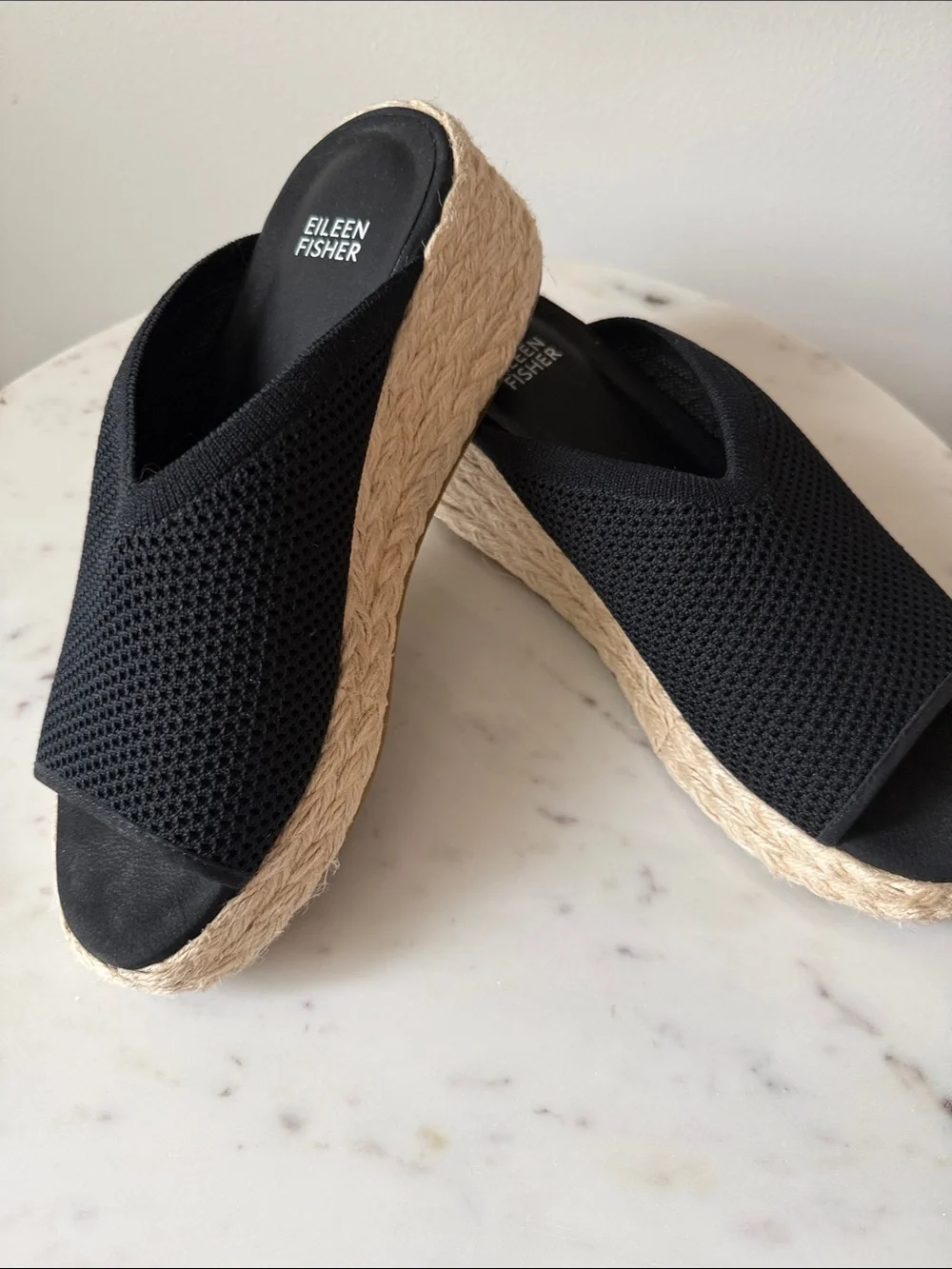 Eileen Fisher Black Mesh Espadrille Slides with Natural Jute Sole